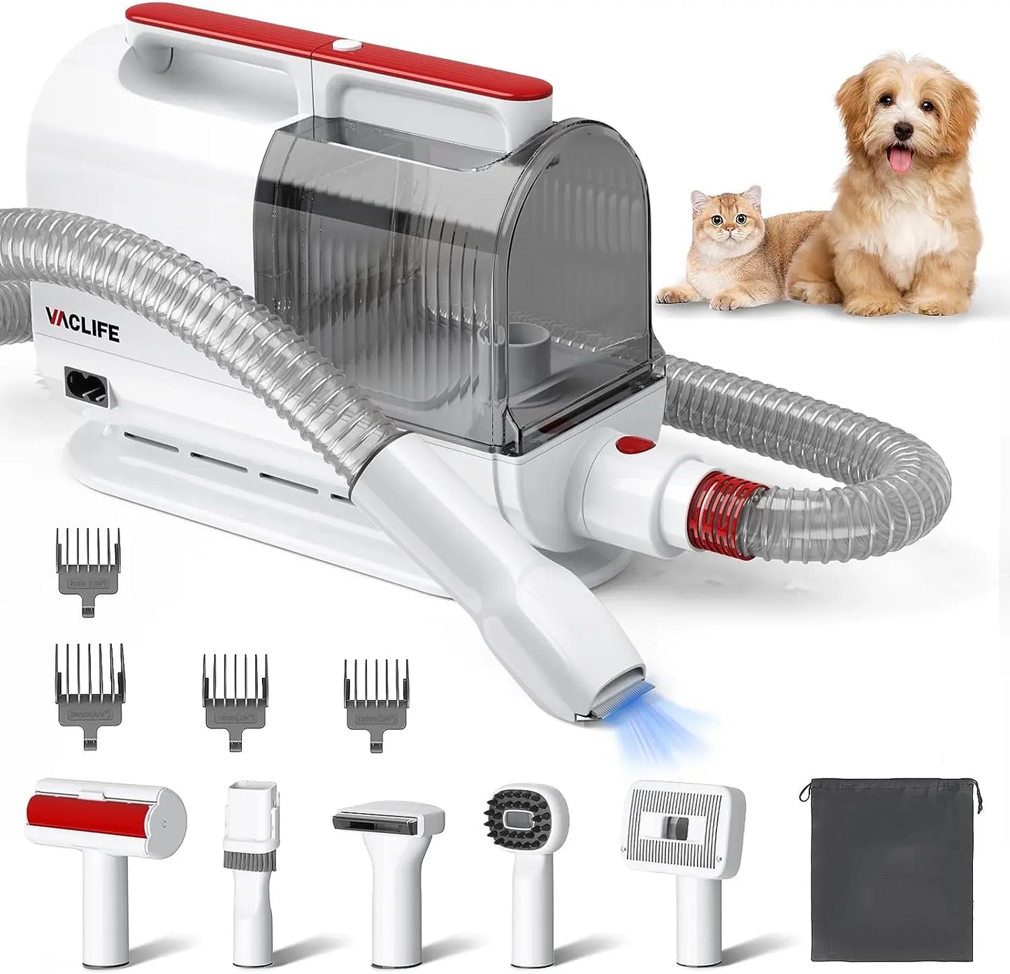VacLife Pet Hair Vacuum For Shedding Grooming With Dog Clipper - Multipurpose Dog Grooming Kit With Brushes And Other Grooming Tools For Dogs And Cats - Low-Noise - White And Red - Image #4