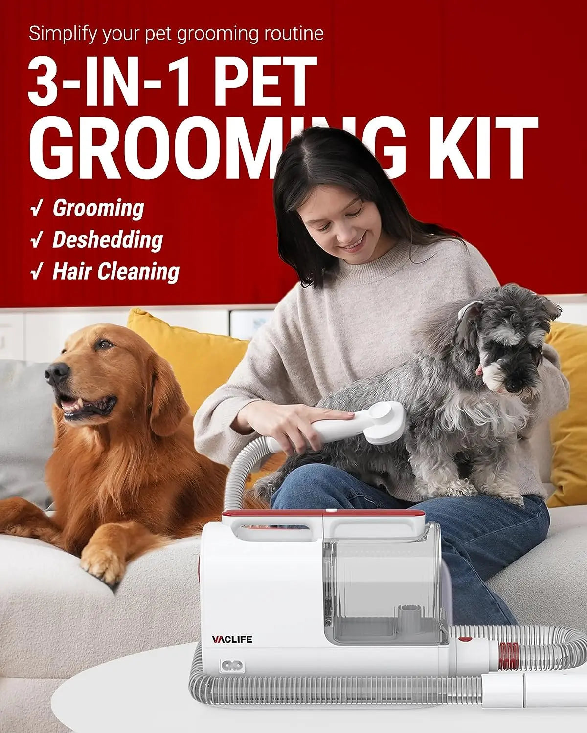 VacLife Pet Hair Vacuum For Shedding Grooming With Dog Clipper - Multipurpose Dog Grooming Kit With Brushes And Other Grooming Tools For Dogs And Cats - Low-Noise - White And Red - Image #2