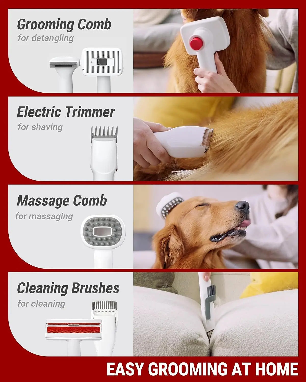 VacLife Pet Hair Vacuum For Shedding Grooming With Dog Clipper - Multipurpose Dog Grooming Kit With Brushes And Other Grooming Tools For Dogs And Cats - Low-Noise - White And Red - Image #7